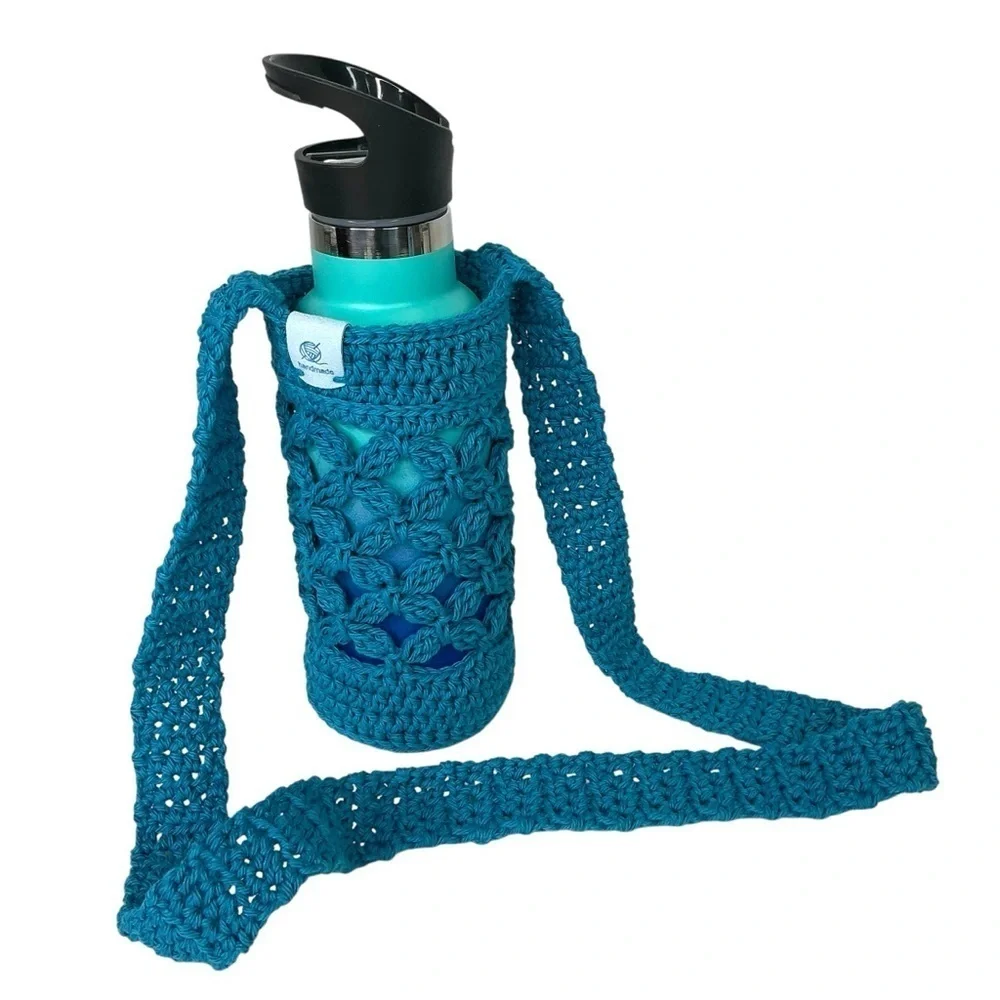 Crochet Crossbody Water Bottle Holder Bag Multicolor Handcrafted Cotton Handmade